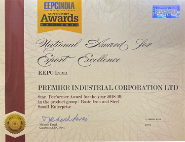 EEPCINDIA Certificate of Excellence 2018-19